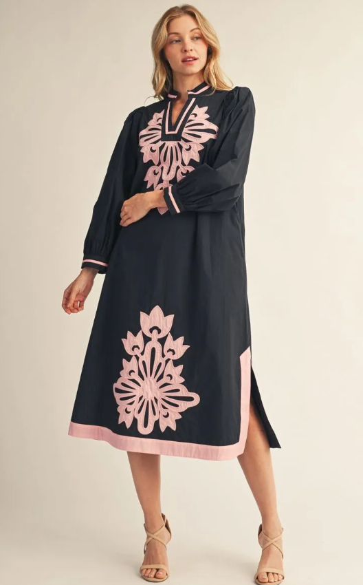 Navy puff shoulder long sleeve midi dress