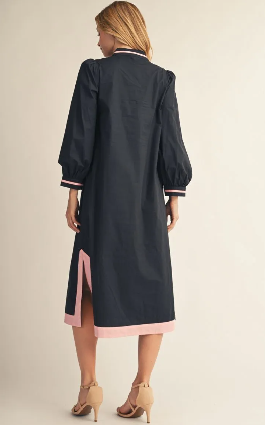 Navy puff shoulder long sleeve midi dress