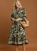 Olive Geo Print Ruffle Maxi Dress