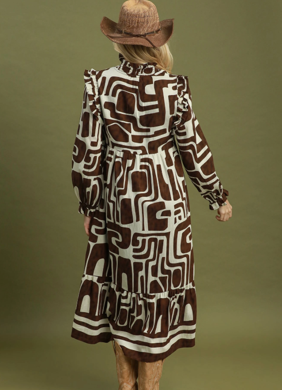 Olive Geo Print Ruffle Maxi Dress